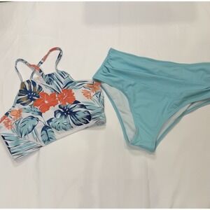 Romwe Tropical 2 Piece Bikini Swimsuit M Lace-Up Back High Waisted New Floral